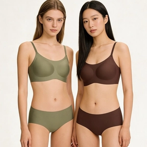 Seamless U-neck wire-free bra and panty set in olive green and brown tones