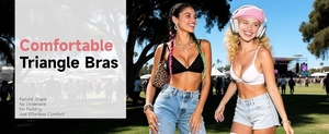 Outdoor lifestyle shot of black and white wireless triangle bras with thin straps