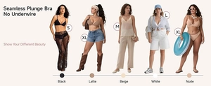 Seamless plunge bras in five colors including black and beige with size chart details