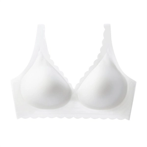 Detailed view of the seamless white bra featuring delicate wavy scalloped edges
