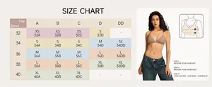 Detailed size chart for wireless triangle bralette with cup and band measurement guide