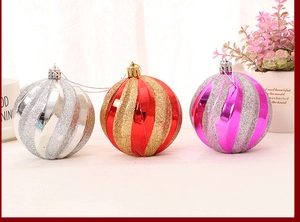 Detailed close-up of three festive textured Christmas ornaments with glitter and electroplating