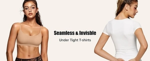 Seamless nude bralette invisibility test showing smooth look under tight white T-shirt