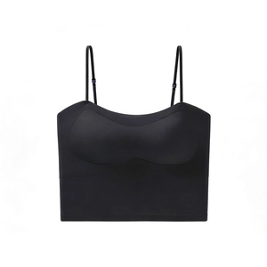 Detail view of seamless black camisole with adjustable straps and integrated pads