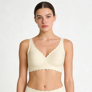 Women Seamless Bra Scalloped Edge Wireless V-Neck Soft Support Nylon Comfort Bra For Daily Wear One-Piece Seamless Bras