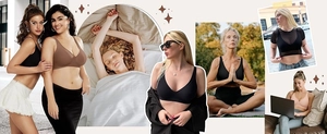 Collage of seamless wireless bras in black and beige for yoga, sleep, and daily comfort