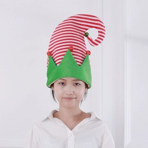 Bonnet de Noël elfe rayé rouge et blanc avec clochettes vertes et finition peluche