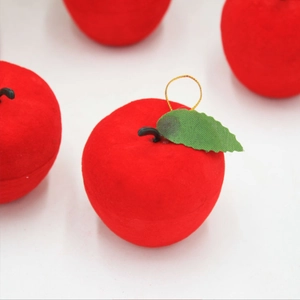 Red velvet apple jewelry box for Christmas tree ornament with golden hanging cord