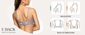 Detail showing the U-shaped back design of a purple seamless bra for smoothing back fat