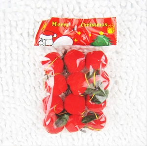 Set of 12 red flocked Christmas apple ornaments with gold strings for tree decoration