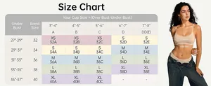 Size chart for French triangle bralette showing measurements for cups A to E and band sizes
