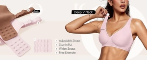 Detail of adjustable wide straps and four-row back closure for deep V seamless leopard bra
