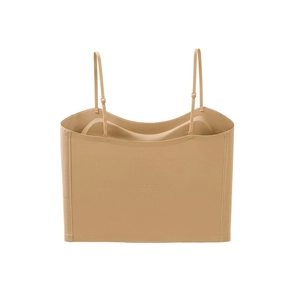 Close-up of adjustable thin straps and seamless breathable fabric on beige wireless bra
