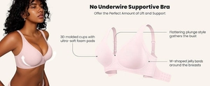 Detail view of 3D molded cups and jelly soft support technology on pink V-neck bra