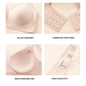 Dettaglio delle coppe 3D, chiusura a 4 file e tessuto elastico del reggiseno senza cuciture