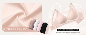 Detail of butter soft fabric and jelly band support system in seamless plunge bra