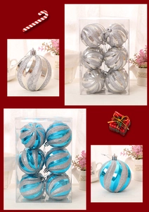 Detailed close-up of blue and silver spiral glitter Christmas ornaments in 6-pack box