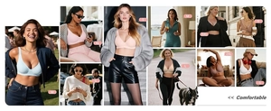 Deep V-neck seamless wireless bras for women shown in multiple colors and lifestyle scenes