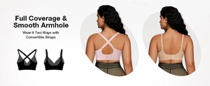 Dettagli delle spalline convertibili per stili a X o U su questo reggiseno a copertura totale
