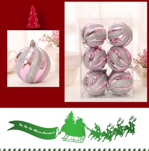 Pink and silver striped Christmas ornaments in a six-piece set with display box