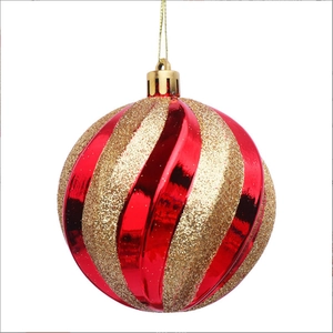 Red and gold glitter spiral Christmas ball ornament with hanging loop for tree decoration