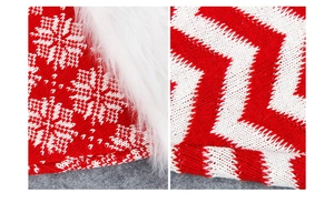 Detail of red and white knitted Christmas hat with snowflake patterns and plush fur trim