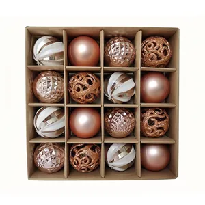 16-piece set of 6cm rose gold and bronze Christmas ornaments in a grid display box