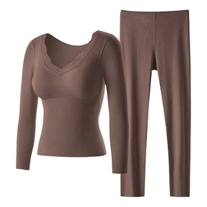 Brown thermal underwear set with V-neck lace trim and ribbed knit texture in two pieces