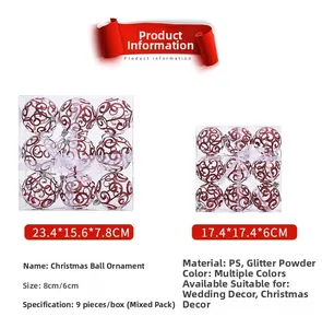 Detail view of 9-piece red glitter PET Christmas ornaments in various sizes and swirls