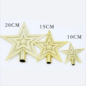 Detailed view of three sizes of gold glitter star tree toppers in 20cm, 15cm and 10cm