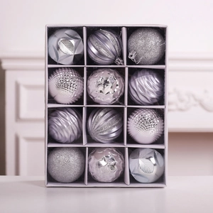 12-piece silver Christmas ball ornament set with glitter and textured patterns in box