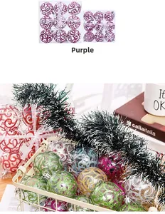 Detailed view of purple PET clear Christmas baubles with glitter patterns in a gift box