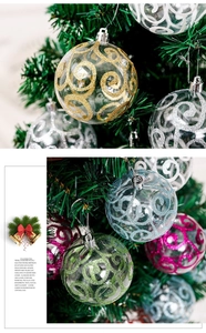 Close-up of decorative PET clear Christmas balls with colorful glitter spiral patterns