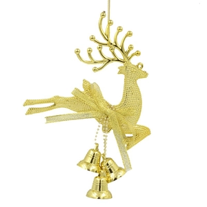 Detail of golden Christmas reindeer ornament featuring grid texture, bow, and small bells