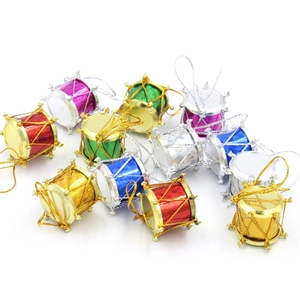 Colorful mini Christmas drum ornaments with gold thread and metallic finish details