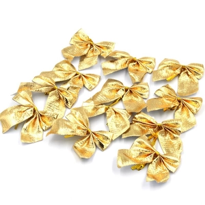 Set of 12 glittering gold Christmas tree bows with metallic finish and tie-on straps