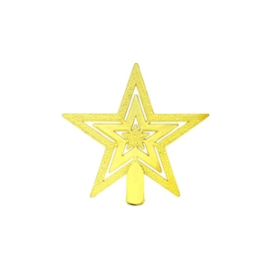 Close-up of golden tiered Christmas tree topper star with glittering powder and metal finish