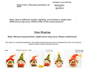 Detailed size chart for Harvest Festival faceless gnome plush dolls with fabric dimensions