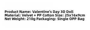 Specifiche dettagliate del peluche 3D di San Valentino con dimensioni 25x16x9cm
