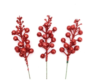 Three red glitter artificial berry stems for Christmas tree decoration and festive floral DIY