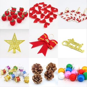Red Gold White Christmas Tree Hanging Ornaments Pinecones Bows Stars Bells Flocked Santa Reindeer Xmas Tree Decoration