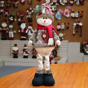 Handmade Plush Christmas Santa Snowman Reindeer Standing Doll Long Legs Plaid Design Xmas Holiday Festive Home Decoration