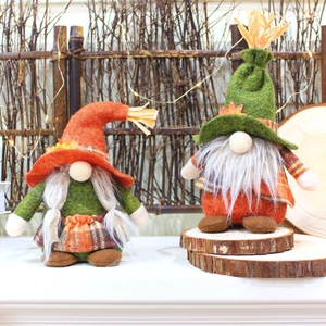 Harvest festival gnomes in autumn colors and plaid patterns on rustic wood slices
