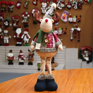 Christmas reindeer plush doll with retractable legs in red and green festive attire