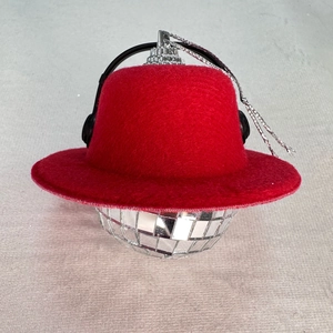 Red felt mini hat ornament with black headphones and silver disco ball pendant décor