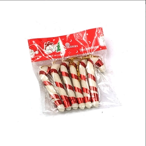 Set of 6 red and white striped candy cane Christmas ornaments with gold hanging strings
