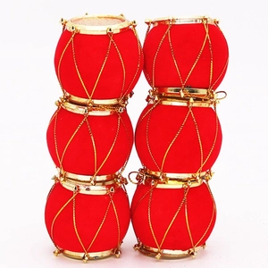Set of 6 festive red and gold Christmas tree drum ornaments with hanging strings