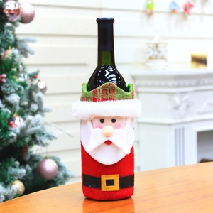 Festive Santa Claus red wine bottle cover with flannel beard and green plaid neck detail