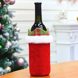 Detail view of a Christmas wine bottle cover with red felt fabric and plaid collar decor