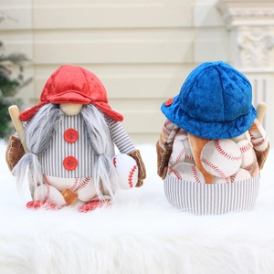 Baseball-themed gnome plush set with soft velvet hats and wooden bat for home decor